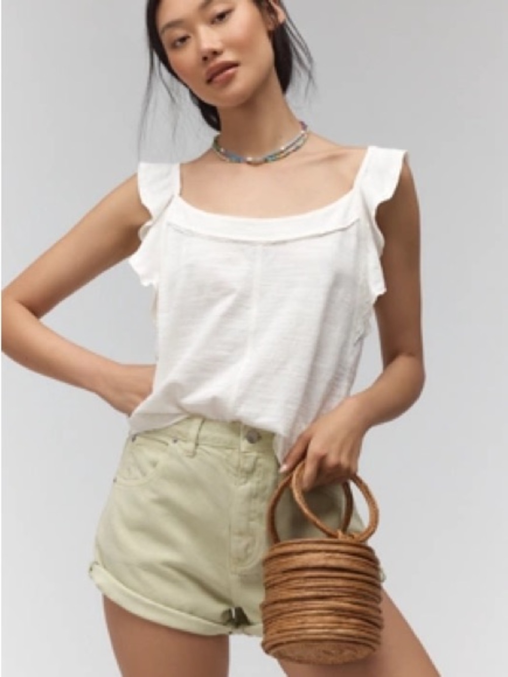 Pilcro Anthropologie White Ruffle Sleeve Top Size M Boho Lightweight